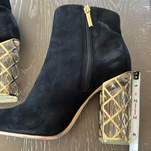 Karl Lagerfeld Black Leather Suede Ankle Boots Geometric Gold Block Heel Sz 8.5 - Picture 7 of 16